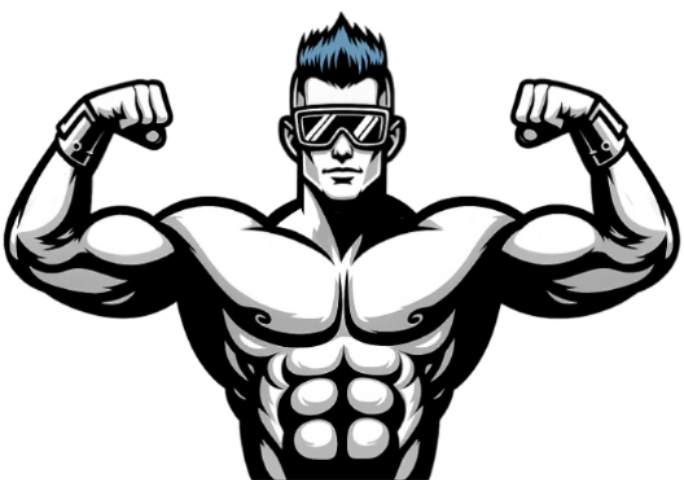 The Scrubinator mascot — flexing strongman